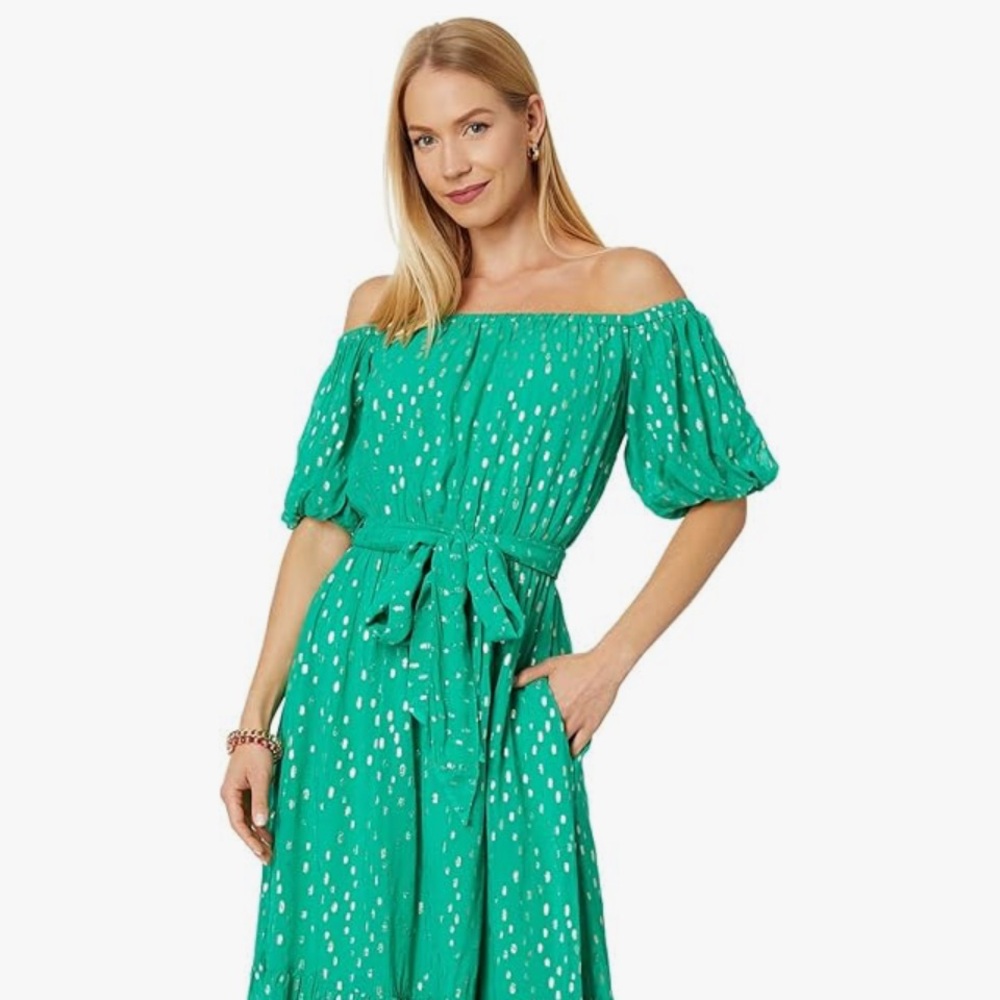 Gorgeous Green and Metallic Lilly Pulitzer Tamie Off The Shoulder Midi Dress